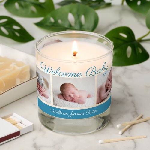 Welcome Baby Boy Simple Blue Newborn Photo Gift Scented Candle