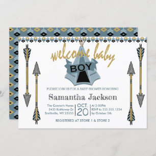 Welcome Baby Boy - Teepee and Arrows Invitation