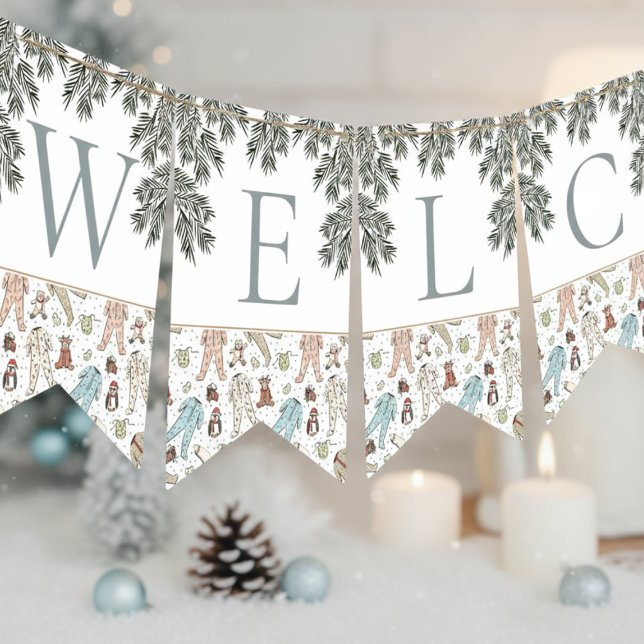 Welcome Baby Christmas Winter Baby Shower Bunting Flags (Winter Christmas Baby Shower Bunting Flags. Cute Baby Pajamas, Penguin, Teddy Bear, Reindeer & Pine)