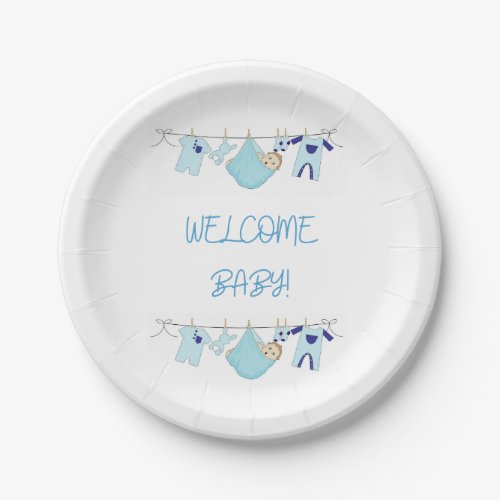 Welcome Baby Clothesline Paper Plates _ Baby Boy