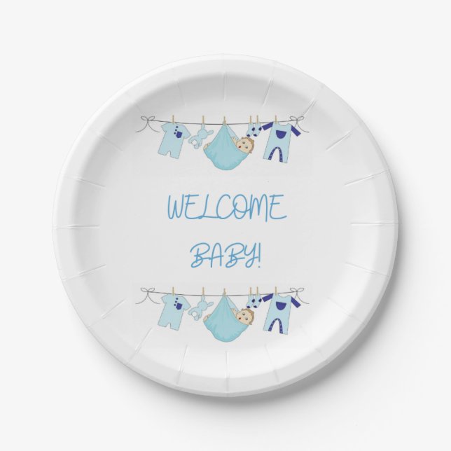 Welcome Baby Clothesline Paper Plates - Baby Boy (Front)