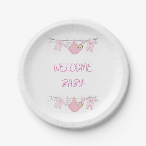 Welcome Baby Clothesline Paper Plates _ Baby Girl
