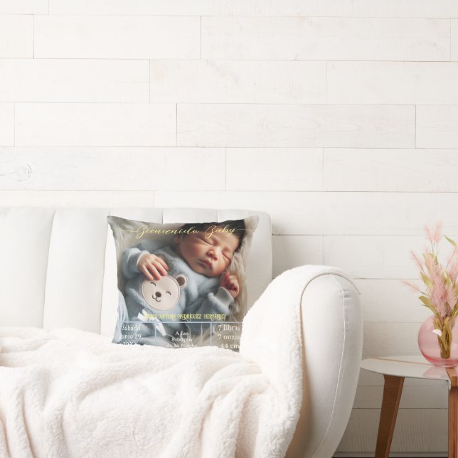 Welcome Baby | Custom Photo Newborn Stats Spanish Throw Pillow (Couch)