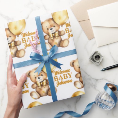 Welcome baby cute teddy bear gold balloon custom wrapping paper