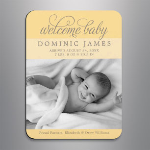 Welcome Baby Elegant Golden Yellow Photo Birth Magnet