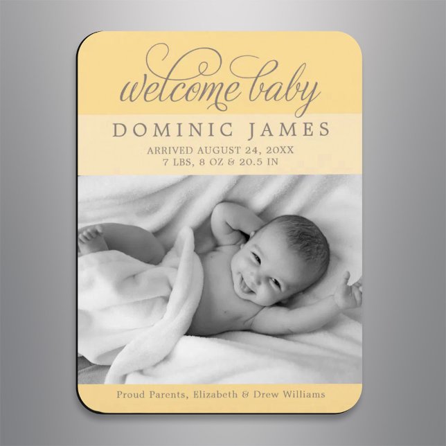 Welcome Baby Elegant Golden Yellow Photo Birth Magnet (Creator Uploaded)