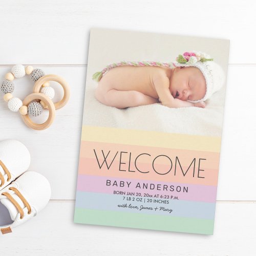 Welcome Baby Elegant Pastel Rainbow Photo Birth Announcement