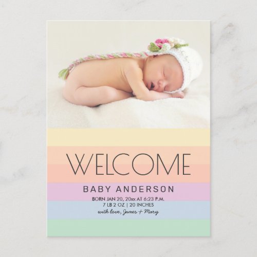 Welcome Baby Elegant Pastel Rainbow Photo Birth Announcement Postcard