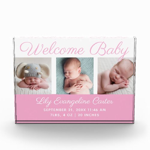 Welcome Baby Girl 3 Photograph Pretty Pink Script Photo Block