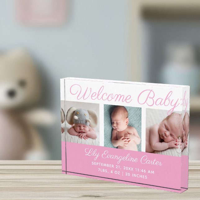 Welcome Baby Girl 3 Photograph Pretty Pink Script Photo Block (Creator Uploaded)