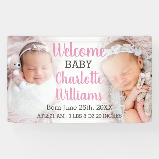 Welcome Baby Girl Announcement 2 Photo Banner (Horizontal)