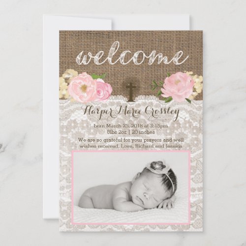 Welcome baby girl card with pink flowers and Cross