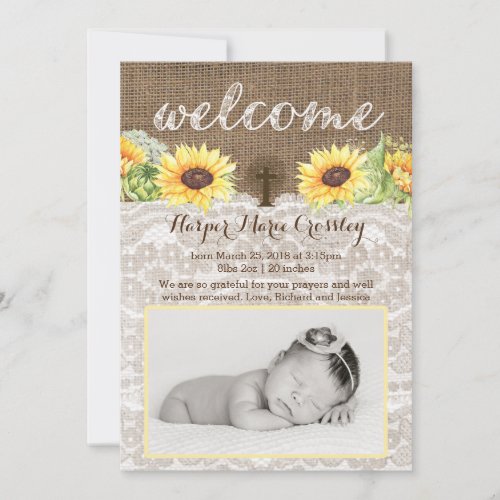 Welcome Baby Girl cards with Sunflowers and Burlap