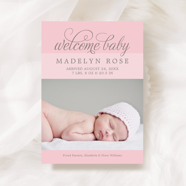 Welcome Baby Girl Elegant Light Pink Photo Birth Announcement (Creator Uploaded)