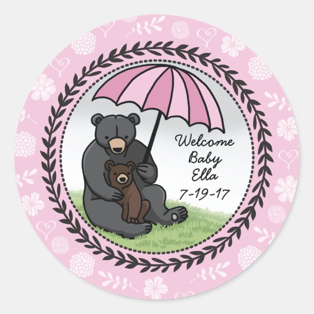Welcome Baby Girl Mama Bear and Cub Personalized Classic Round Sticker (Front)
