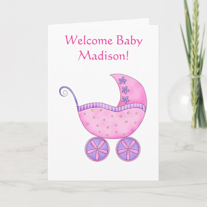 Embroidered birth card pink with pink stroller