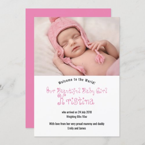 Welcome Baby Girl Photo Announcement Card