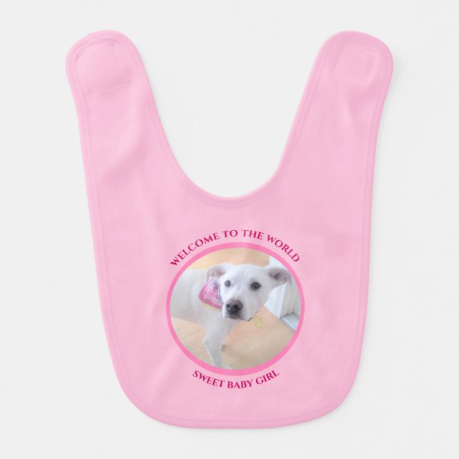 Welcome Baby Girl Photo of Cute White Puppy Dog Baby Bib (Front)