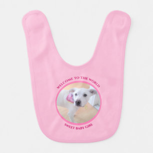 Welcome Baby Girl Photo of Cute White Puppy Dog Bib