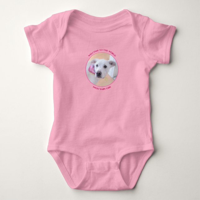 Welcome Baby Girl Photo of Cute White Puppy Dog Bodysuit (Front)