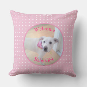 Welcome Baby Girl Photo of Cute White Puppy Dog Throw Pillow