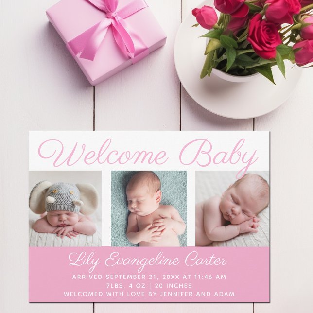 Welcome Baby Girl Photo Pretty Pink Script Birth Announcement (Creator Uploaded)