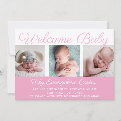 Welcome Baby Girl Photo Pretty Pink Script Birth Announcement