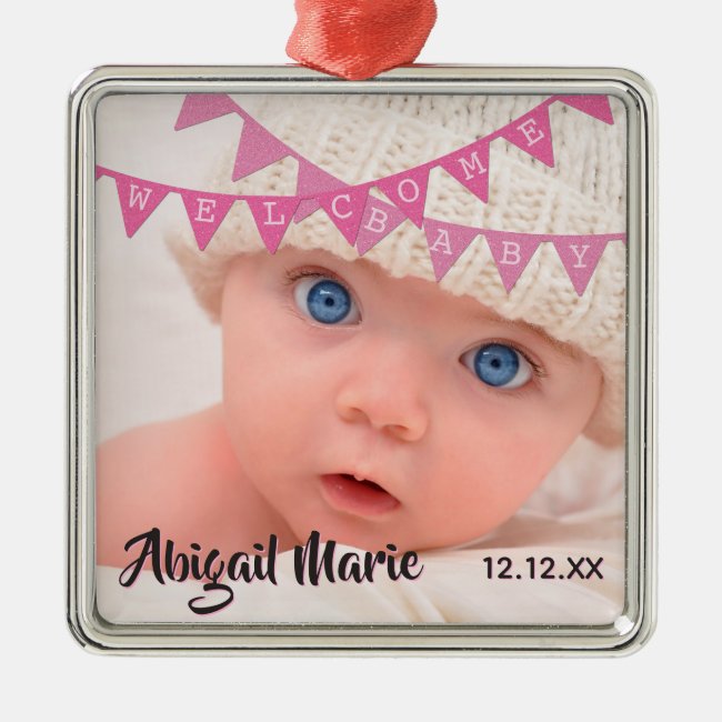 Welcome Baby Girl Pink Banners | Date, Name, Photo