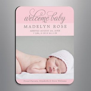 Welcome Baby Girl Pink Script Photo Birth Magnet
