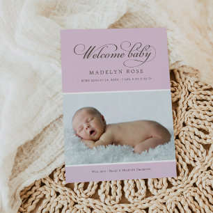 Welcome Baby Girl Purple Damask Photo Birth Announcement