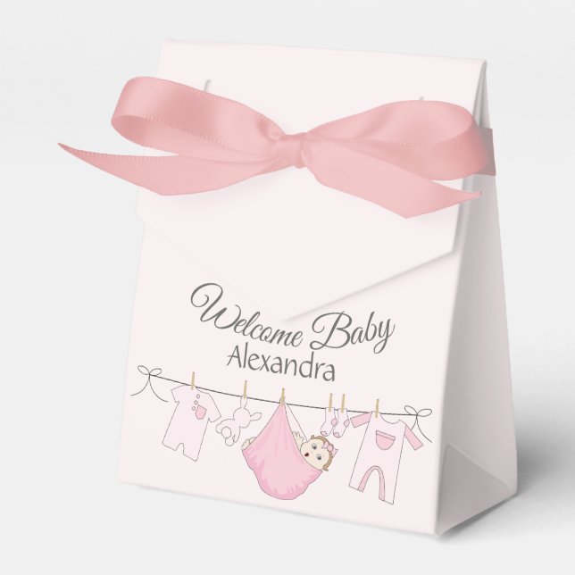 Welcome Baby Girl Shower in Gray and Pink Favor Boxes (Front Side)