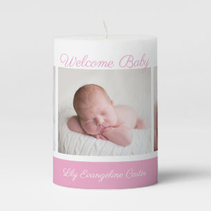 Welcome Baby Girl Simple Pink Newborn Photo Gift Pillar Candle