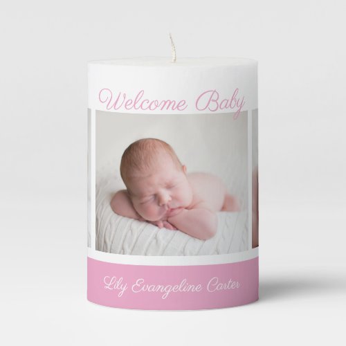 Welcome Baby Girl Simple Pink Newborn Photo Gift Pillar Candle