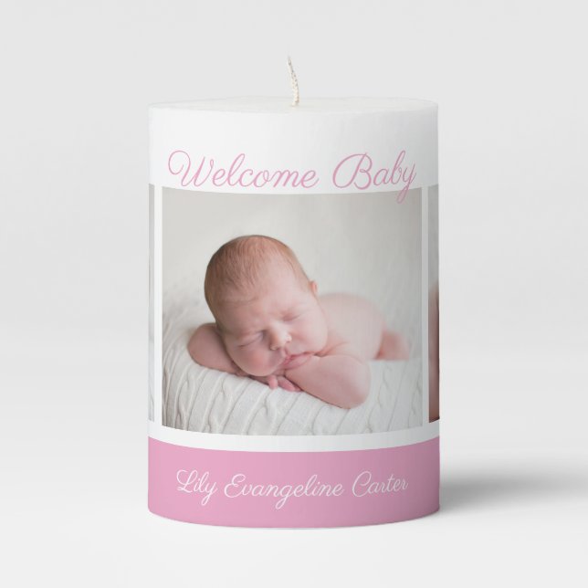 Welcome Baby Girl Simple Pink Newborn Photo Gift Pillar Candle (Front)