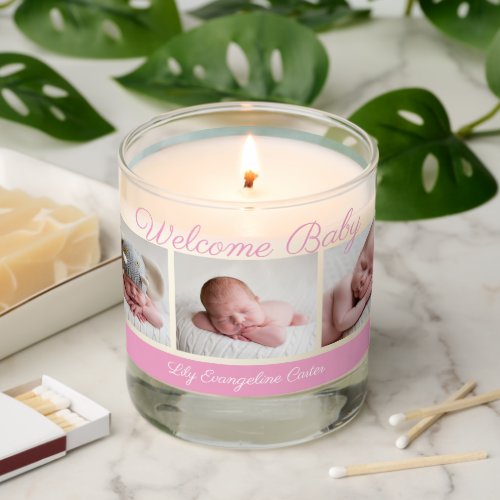 Welcome Baby Girl Simple Pink Newborn Photo Gift Scented Candle