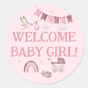 Welcome Baby Girl Sticker with Watercolor Stork