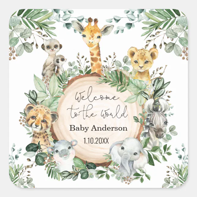 Welcome Baby Greenery Jungle Animals Favors Square Sticker 