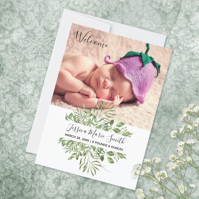 Welcome Baby Greenery Photo Birth Announcement (Creator Uploaded)