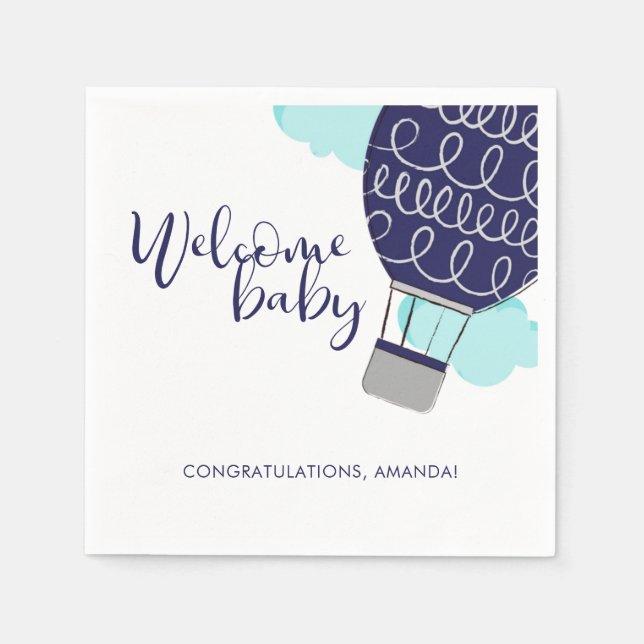 Welcome Baby Hot Air Balloon Boy Baby Shower Paper Napkins (Front)