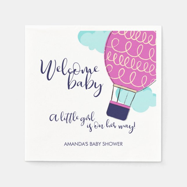 Welcome Baby Hot Air Balloon Girl Baby Shower Paper Napkins (Front)
