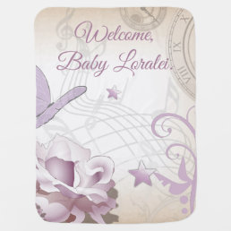 Welcome Baby Lavender Mauve Butterfly Music Clocks Baby Blanket