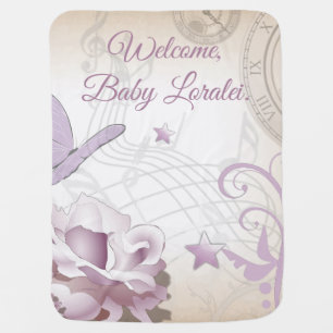 Welcome Baby Lavender Mauve Butterfly Music Clocks Blanket