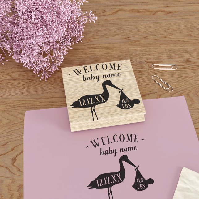 Welcome Baby Modern Stork Birth Stats Rubber Stamp (Welcome the baby with this cute stork rubber stamp. Just add your stats!)
