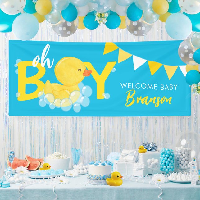 Welcome Baby Name Boy Rubber Duck Baby Shower Banner (Oh Boy Welcome Baby Name Rubber Duck Hanging Vinyl Baby Shower Banner in Blue)
