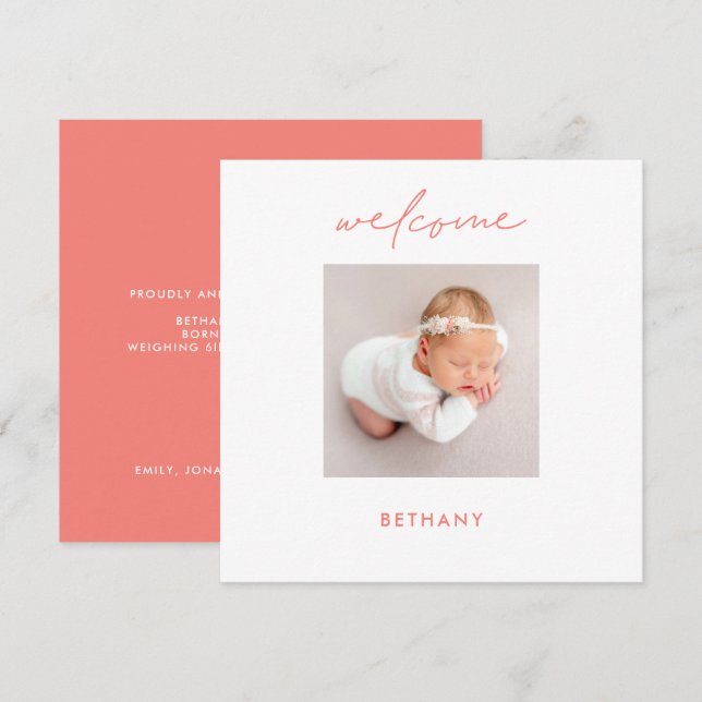 Welcome Baby Name Coral Rose Birth Announcement (Front/Back)