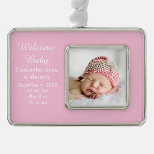 Welcome Baby Newborn Birth Stats Record Photo Pink Christmas Ornament
