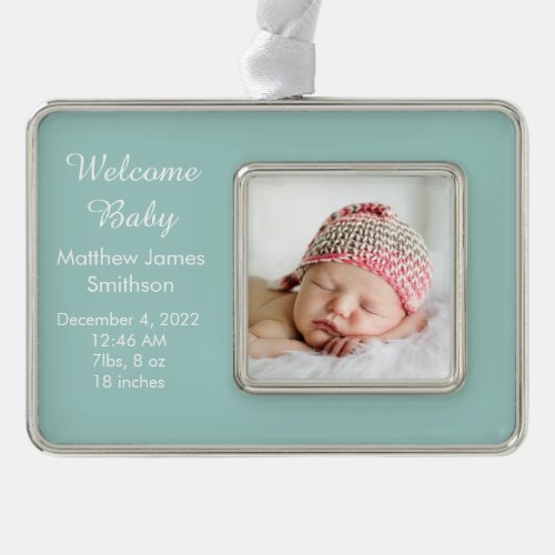Welcome Baby Newborn Birth Stats Record Photo Teal Christmas Ornament