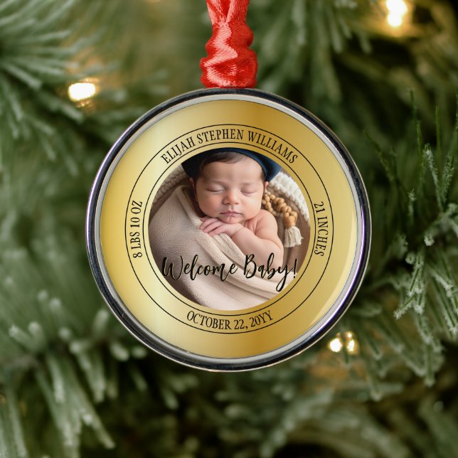 Welcome Baby Photo Birth Statistics Keepsake Metal Ornament (Tree)