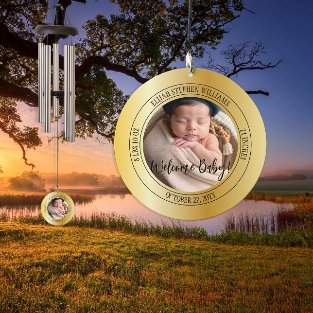 Welcome Baby Photo Birth Statistics Keepsake Wind Chime ("Welcome Baby!" Photo, Name and Birth Statistics Gold Tone Two-Sided Keepsake Wind Chime)