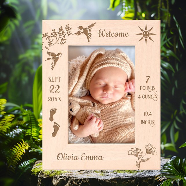 Welcome Baby Photo Engraved Frames (Etched newborn baby picture frame featuring cute birds and flowers, tiny footsteps and sunshine)